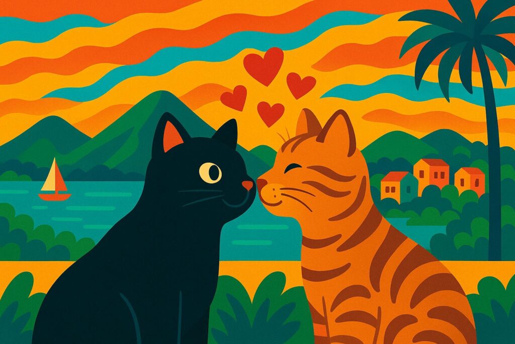 Black cat and tabby cat kissing on beach in Rio.